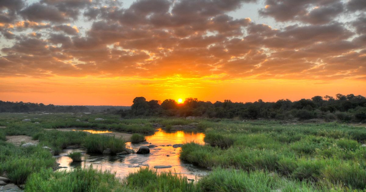 Sunrise over a river in the Kruger National Park
